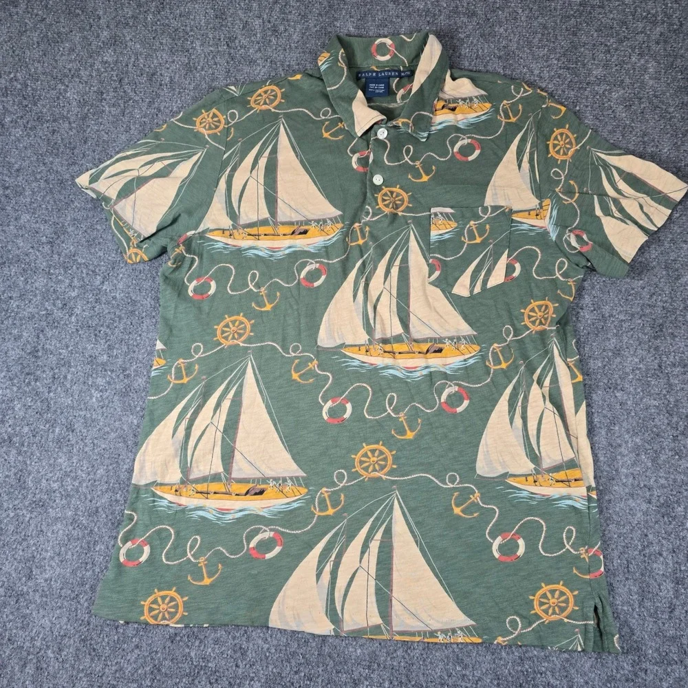 Ralph Lauren‎ Sailboat Print Shirt Anchor Nautical Olive Green XL/TG mac miller - Picture 2 of 13